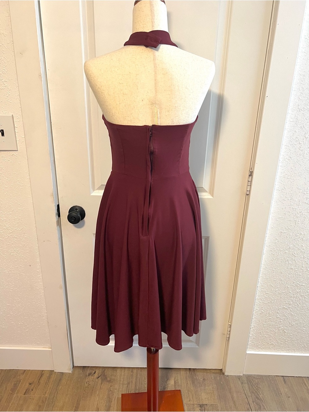 Unique Vintage Burgundy Criss Cross Halter Rita Flare Dress - Picture 6 of 9